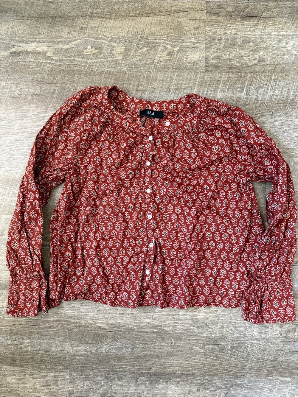 Able Red Printed Bohemian Button Up Blouse Size Small